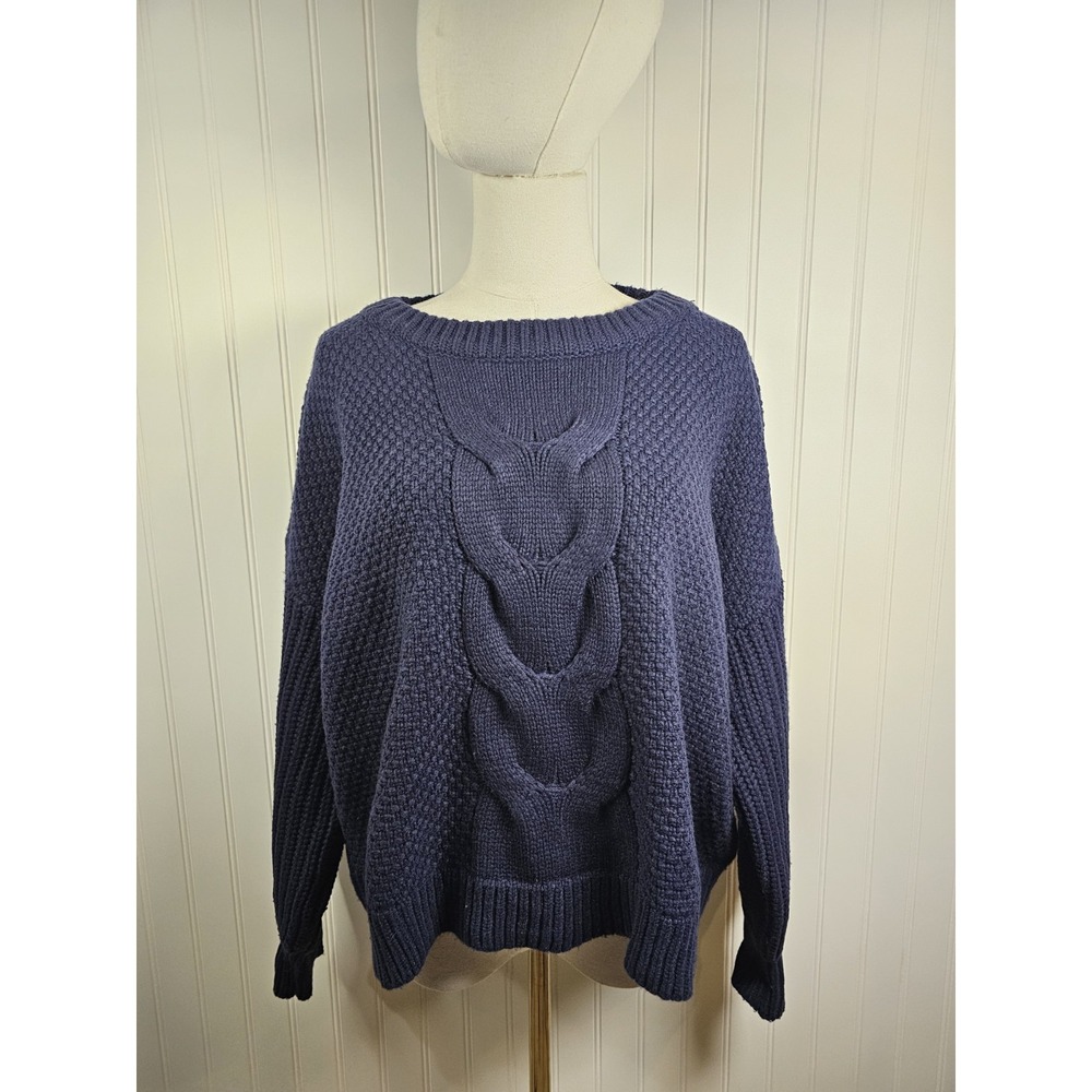 J. Crew Navy Blue Waffle Knit Cableknit Sweater Women's Size M Oversized Preppy